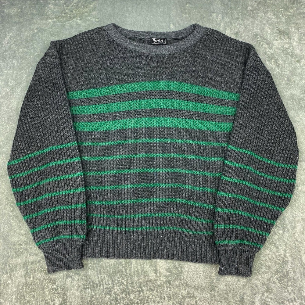 Vintage Van Cort Sweater Mens Size L Grey Green Striped Knit Crew‎ Neck Pullover